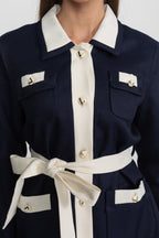 Two-Tone Tweed Jacket With Contrast Trim and Waist Belt – Navy