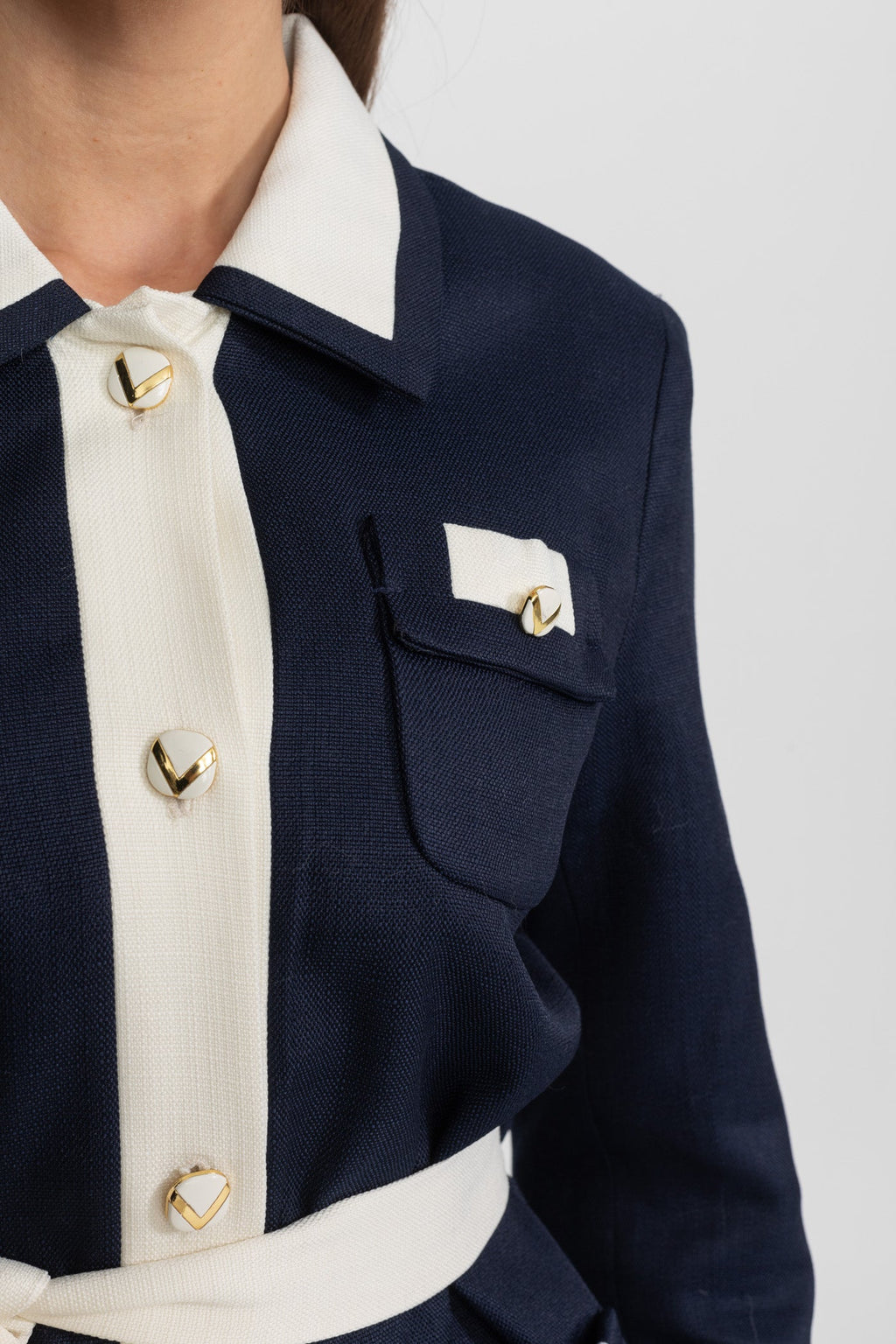 Two-Tone Tweed Jacket With Contrast Trim and Waist Belt – Navy