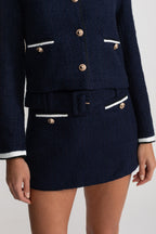 Belted Tweed Mini Skirt with Contrast Pockets - Navy