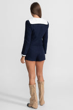 Tweed Cropped Jacket with Contrast Collar - Navy