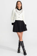 Embellished Textured Cropped Blazer with Crystal Floral Appliqué – White