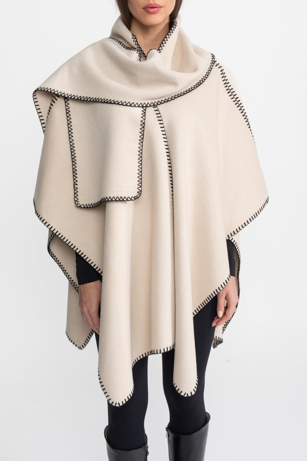 Wool Blend Poncho with Contrast Whipstitch Edging – Ivoire
