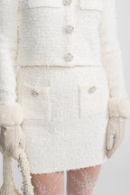 Tweed Mini Skirt With Crystal Buttons - White