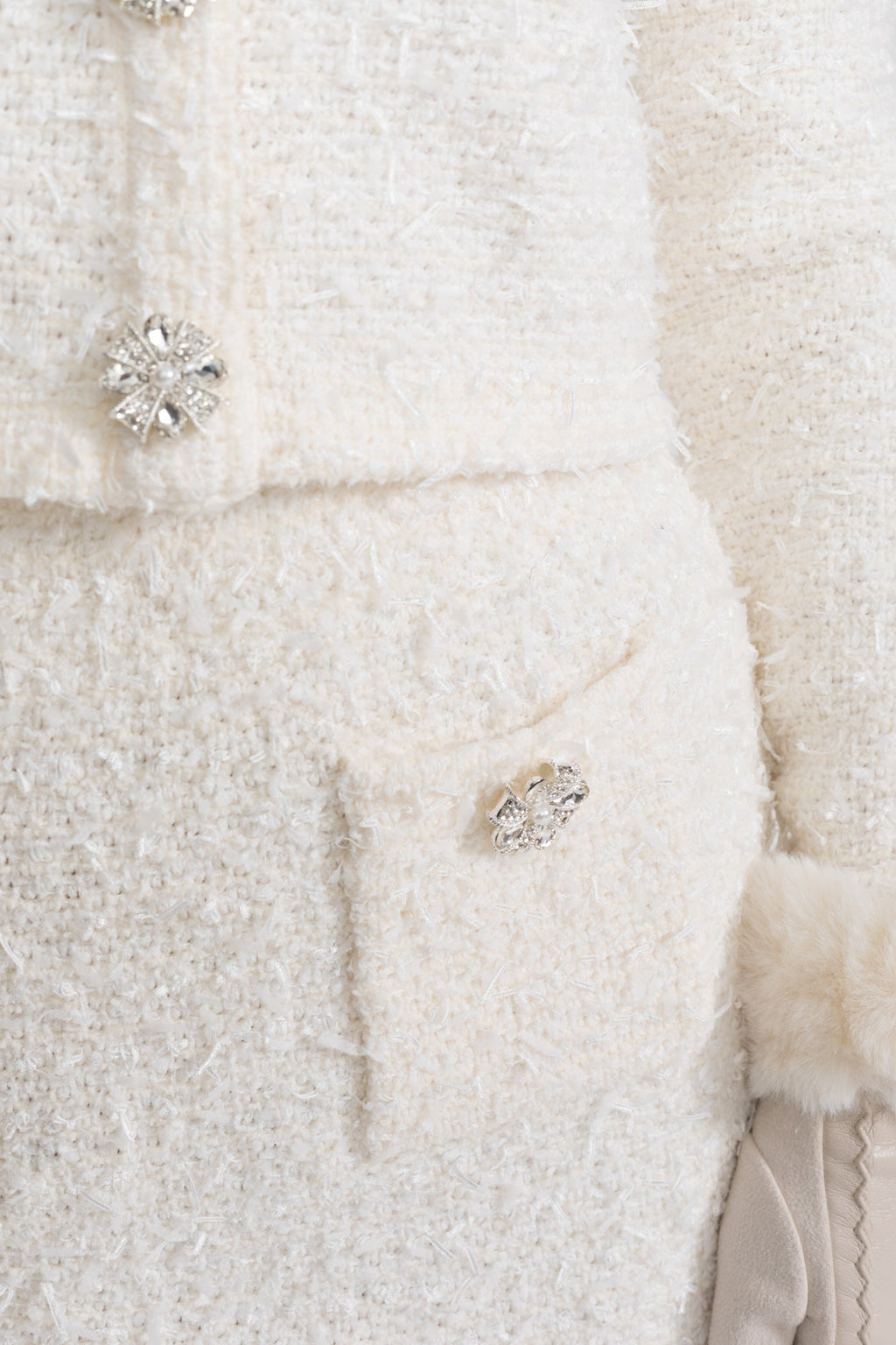 Tweed Mini Skirt With Crystal Buttons - White