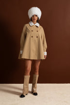 A-Line Trench Mini Dress With Embroidered Collar – Camel
