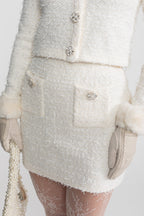 Tweed Mini Skirt With Crystal Buttons - White