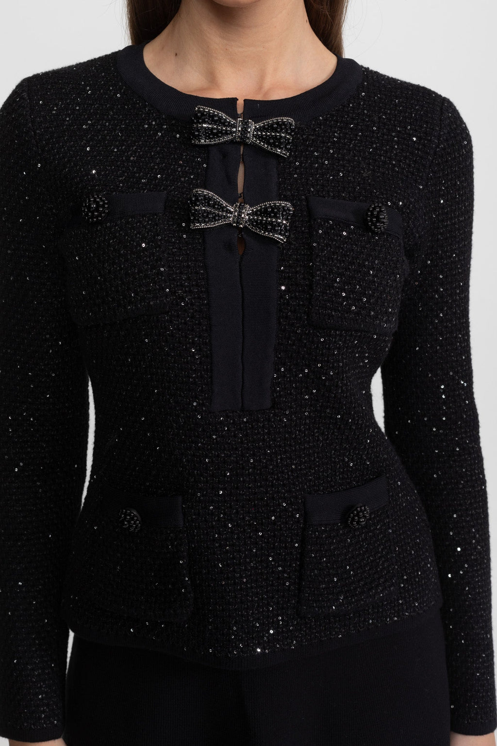 Embellished Tweed Co-Ord Set with Bow Closures And Midi Skirt – Black