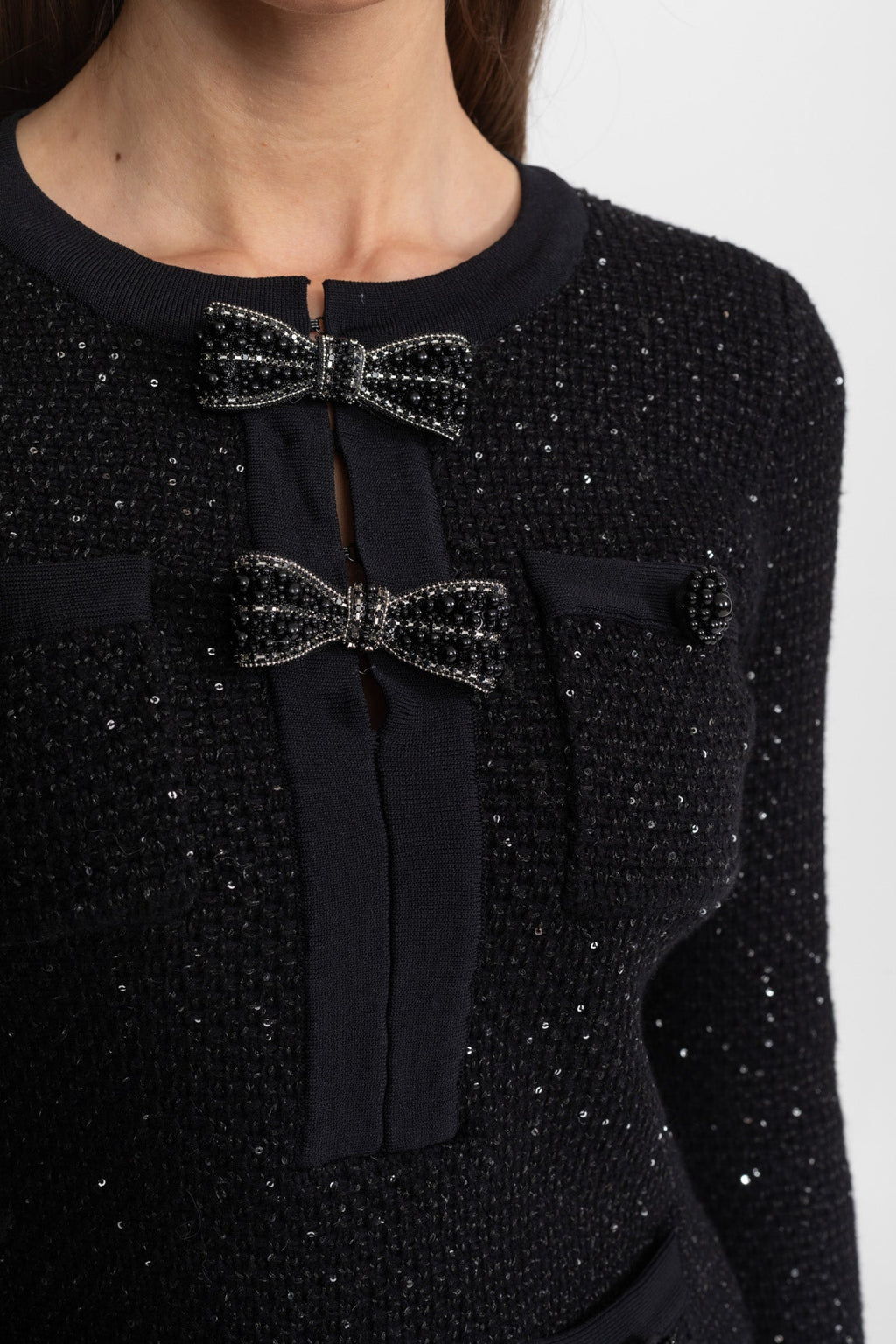 Embellished Tweed Co-Ord Set with Bow Closures And Mini Skirt – Black