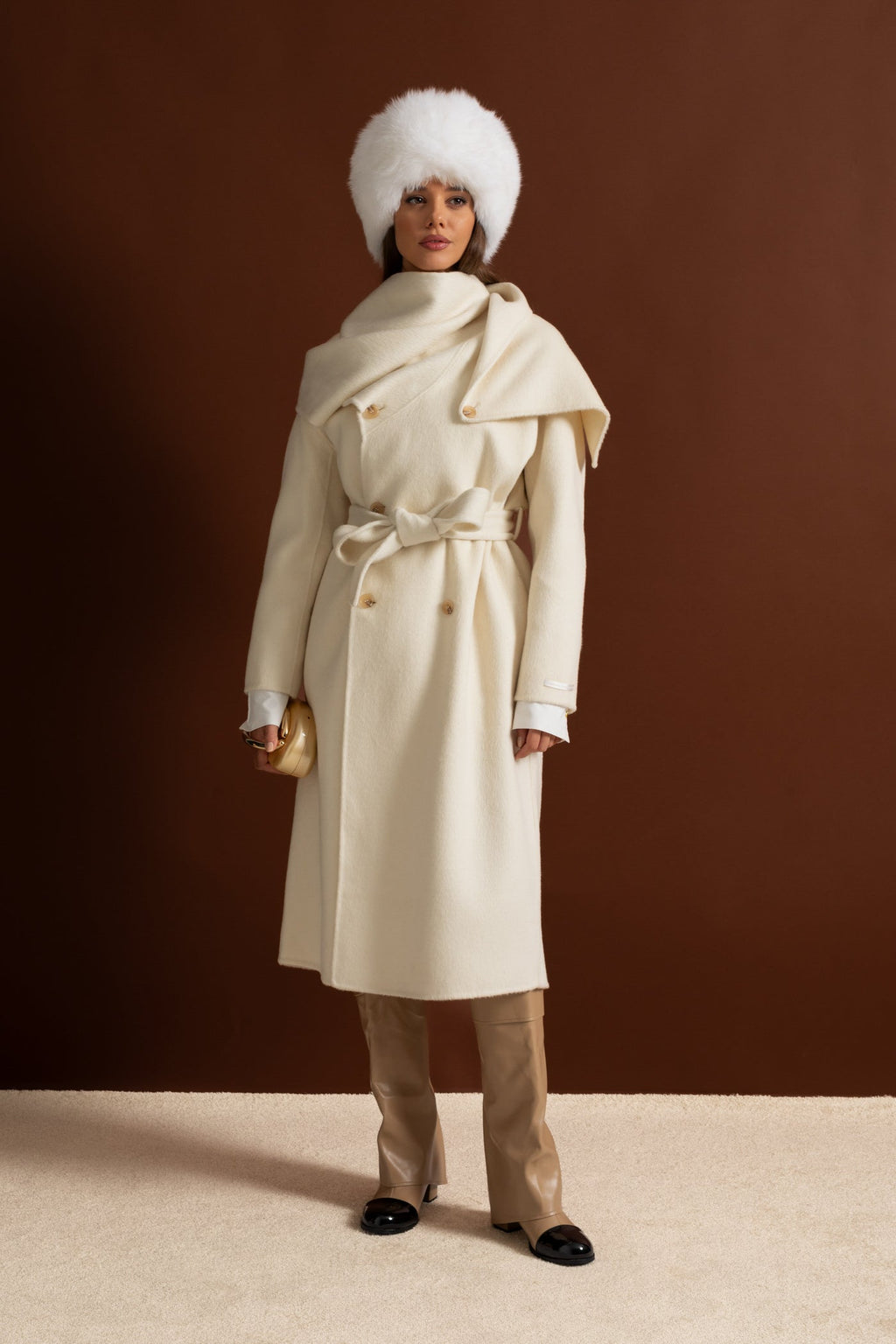 Midi Coat with Oversized Scarf Collar - Beige