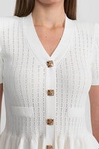 Knit Midi Co-Ord with Peplum Waist and Gold Buttons  – White