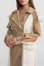 Longline Lace Panel Trench Coat With Belted Waist – Beige