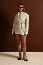 Luxurious Wool Trim Jacket With Belted Waist and Sable Fur – Ivoire