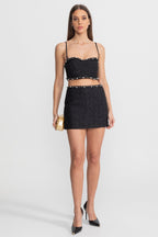 Pearl-Trim Tweed Co-Ord Set with Cropped Bustier Top – Black