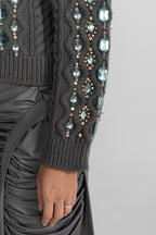 Embellished Cable Knit Cardigan With Gem Detailing – Charcoal Grey