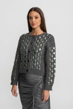 Embellished Cable Knit Cardigan With Gem Detailing – Charcoal Grey