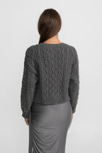Embellished Cable Knit Cardigan With Gem Detailing – Charcoal Grey