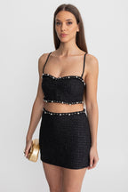 Pearl-Trim Tweed Co-Ord Set with Cropped Bustier Top – Black