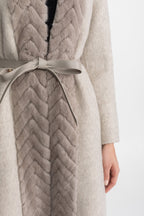 Wool Blend Belted Coat with Textured Sable Fur Panel – Beige