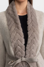 Wool Blend Belted Coat with Textured Sable Fur Panel – Beige