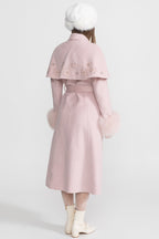 Embellished Wool Coat with Fox Fur Cuffs And Cape Overlay - Pink