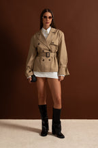 Cropped Double-Breasted Trench Jacket With Belted Waist – Camel
