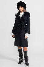 Double-Breasted Wool Knit Overcoat With Fur Trim – Black