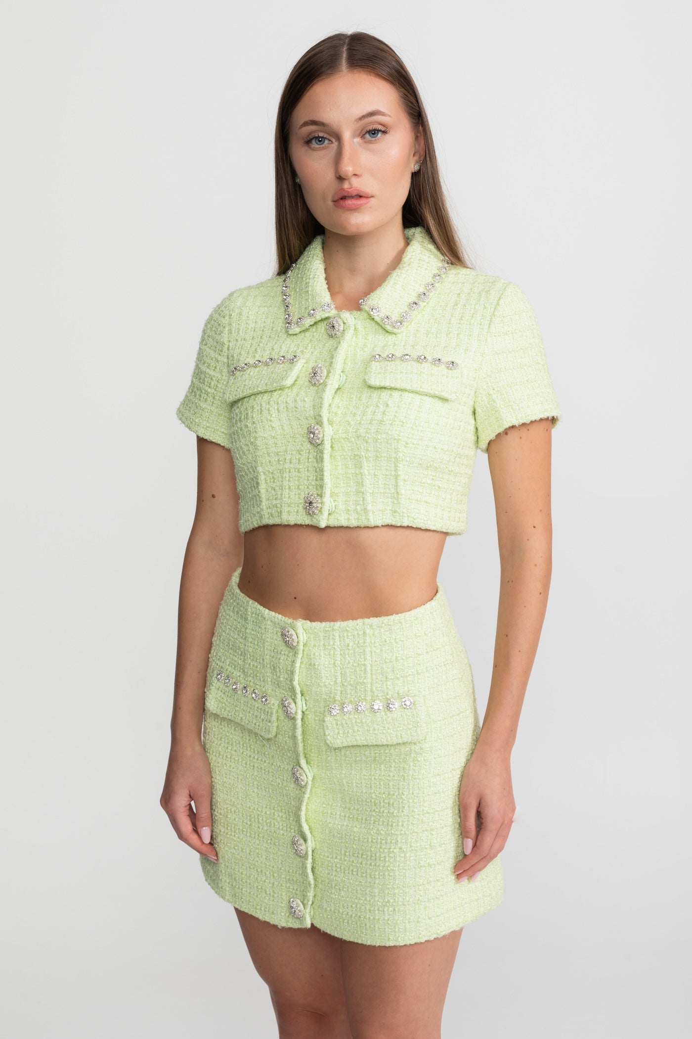 Crystal-Trim Tweed Co-ord Set  – Lime
