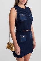 Ribbed Knit Co-ord Set with Contrast Denim Pockets - Dark Blue