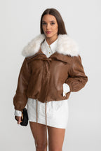 Cropped Suede Jacket With Faux Fur Collar – Brown