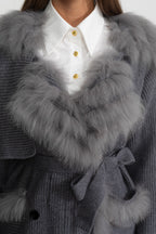 Double-Breasted Wool Knit Overcoat With Fur Trim – Grey