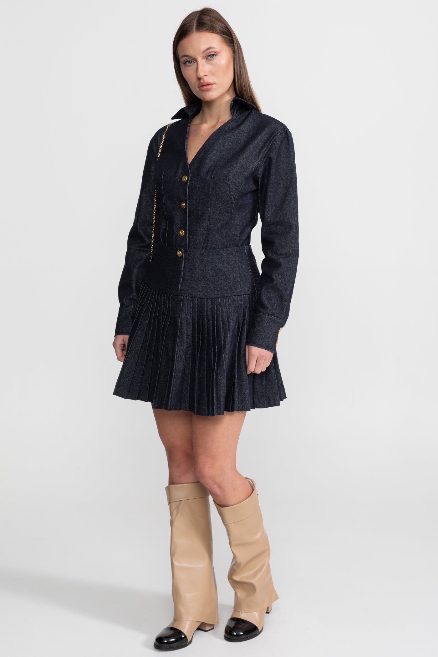 Denim Co-ord Set with Pleated Skirt and Gold Buttons - Dark Blue