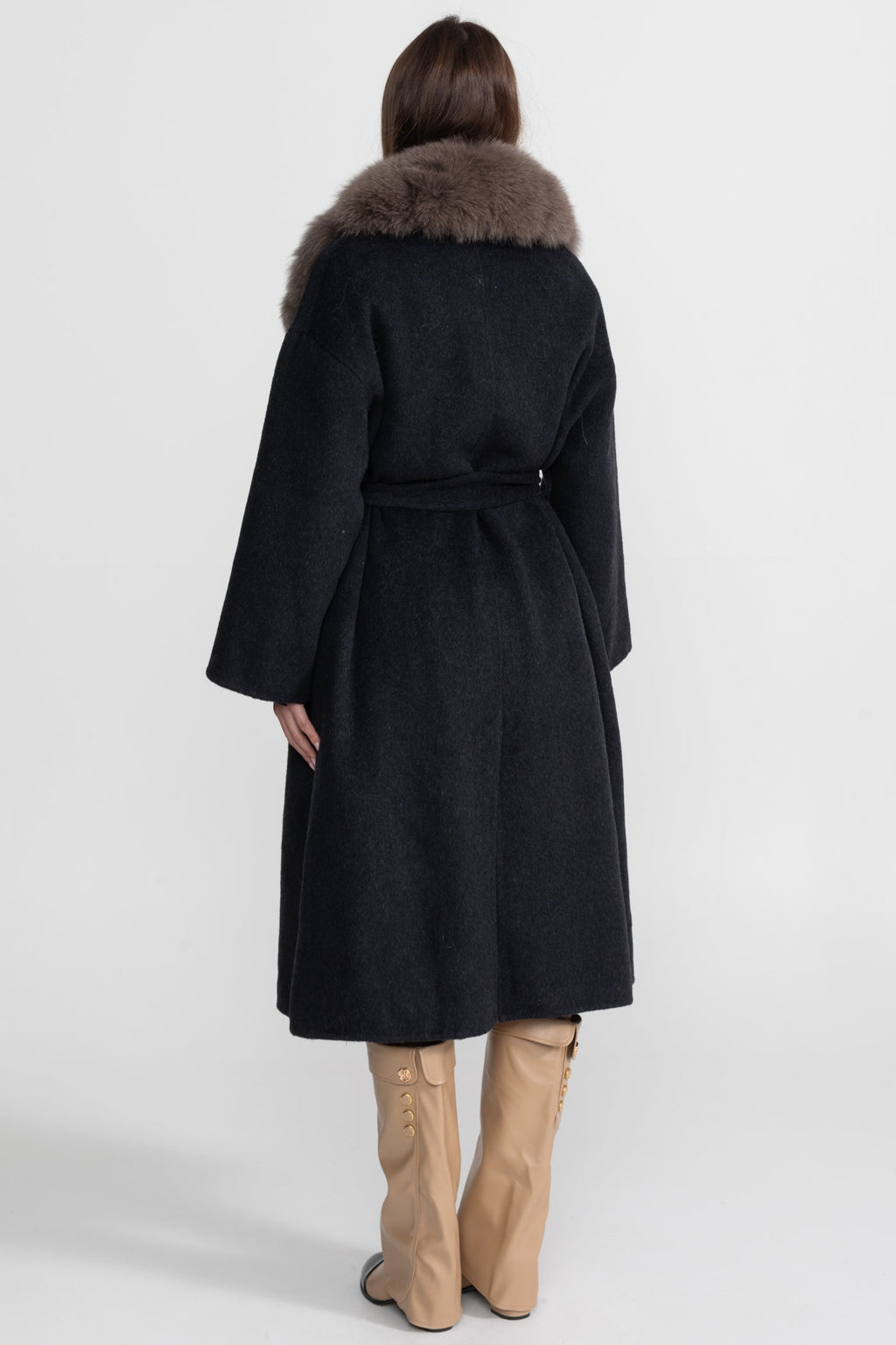 Wool Wrap Coat with Fox Fur Collar And Tie Belt – Black/Brown