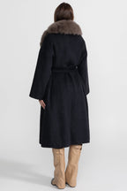 Wool Wrap Coat with Fox Fur Collar And Tie Belt – Black/Brown