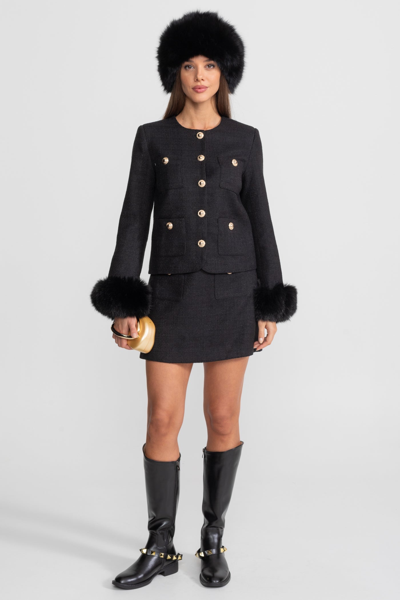 Tweed Blazer With Faux Fur Cuffs And Gold Buttons – Black