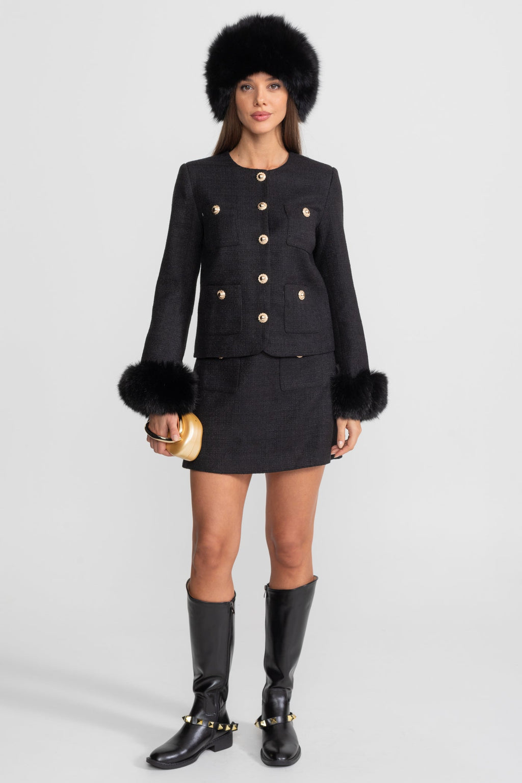 Tweed Mini Skirt With Gold Buttons – Black