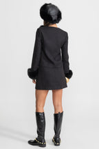 Tweed Blazer With Faux Fur Cuffs And Gold Buttons – Black
