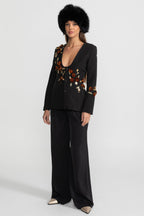 Deep V-Neck Blazer With Intricate Floral Embroidery - Black