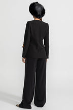 Deep V-Neck Blazer With Intricate Floral Embroidery - Black