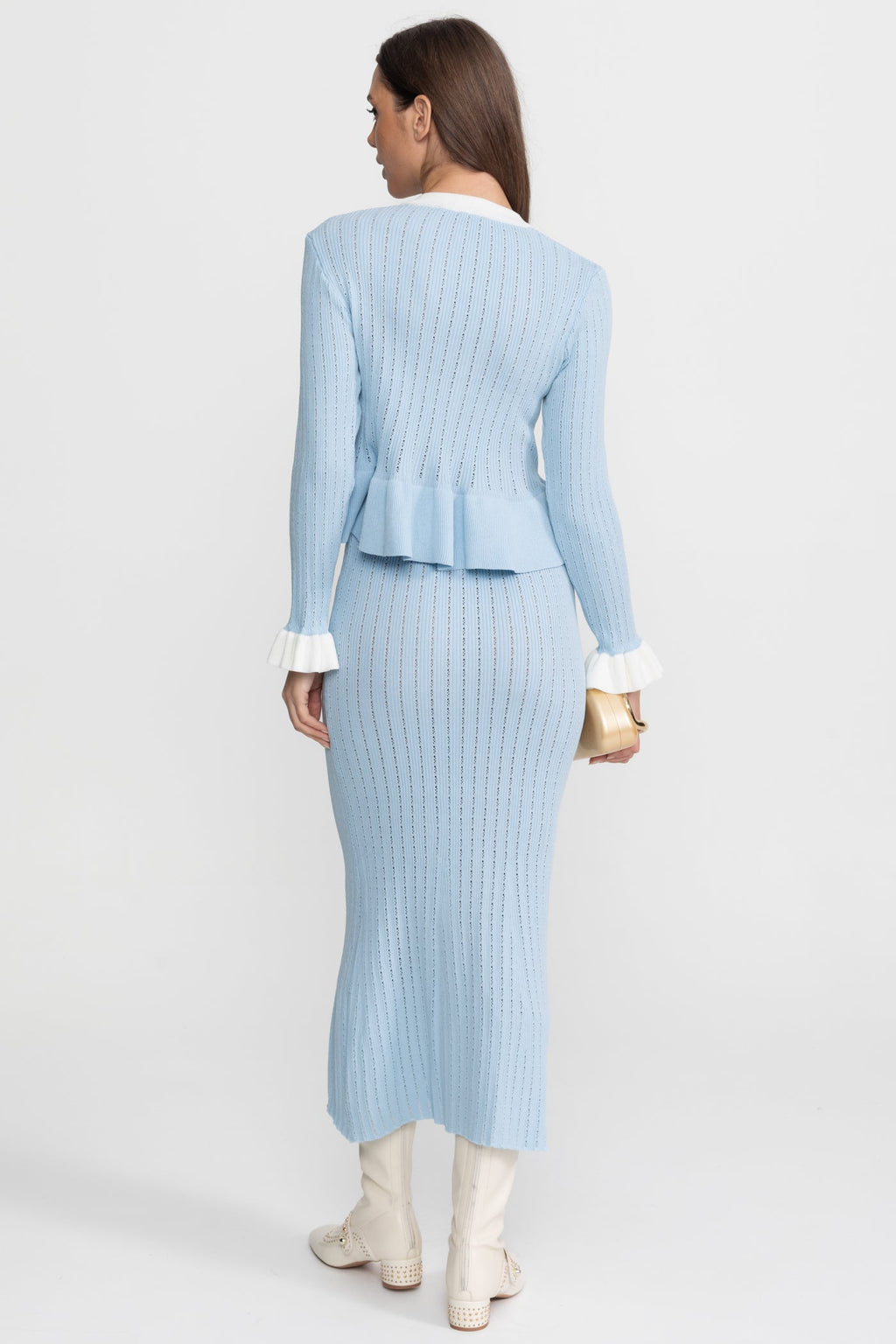 Pointelle Knit Midi Co-Ord with Contrast Trim – Baby Blue