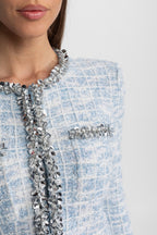 Embellished Tweed Co-Ord Set with Crystal Trim – Light Blue