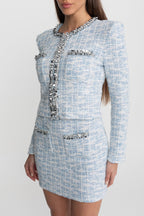 Embellished Tweed Co-Ord Set with Crystal Trim – Light Blue
