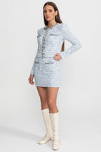 Embellished Tweed Co-Ord Set with Crystal Trim – Light Blue