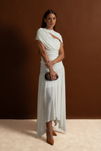 Asymmetric Jersey Co-Ord with Draped Shoulder and Cutout Detail - White