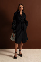 Embellished Wool Overcoat With Fox Fur Collar – Black