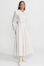 Pearl-Embellished Co-Ord Set with Cropped Jacket and Full Skirt – White