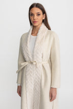 Wool Blend Belted Coat with Textured Sable Fur Panel – Ivoire