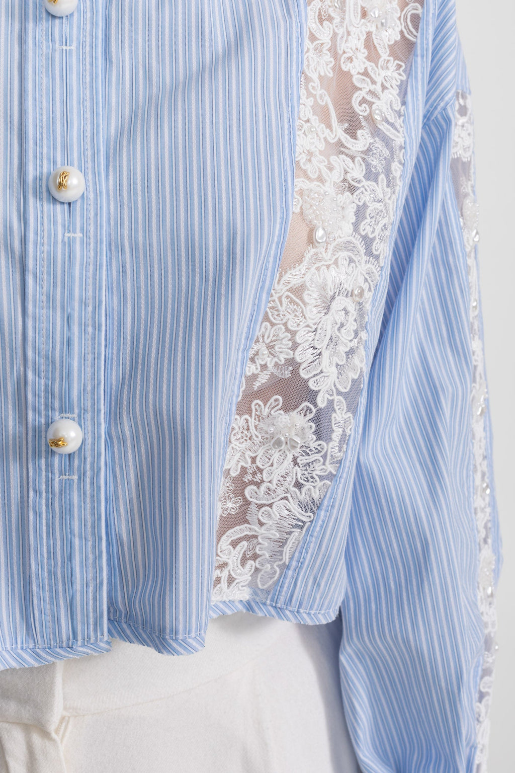 Striped Cotton and Lace Panel Shirt – Light Blue